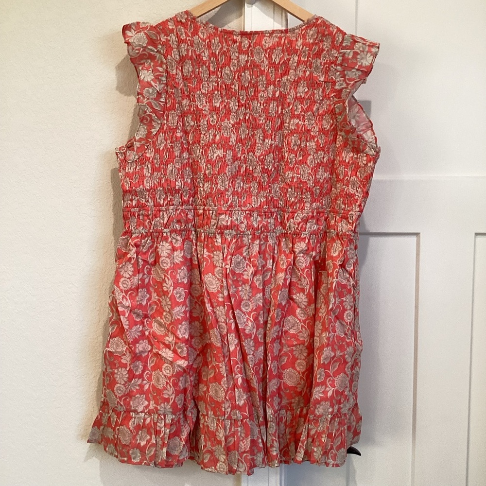 Anthropologie Peregrine Mini Dress Sleeveless V-Neck Smocked New 2X Coral Floral - Picture 9 of 14